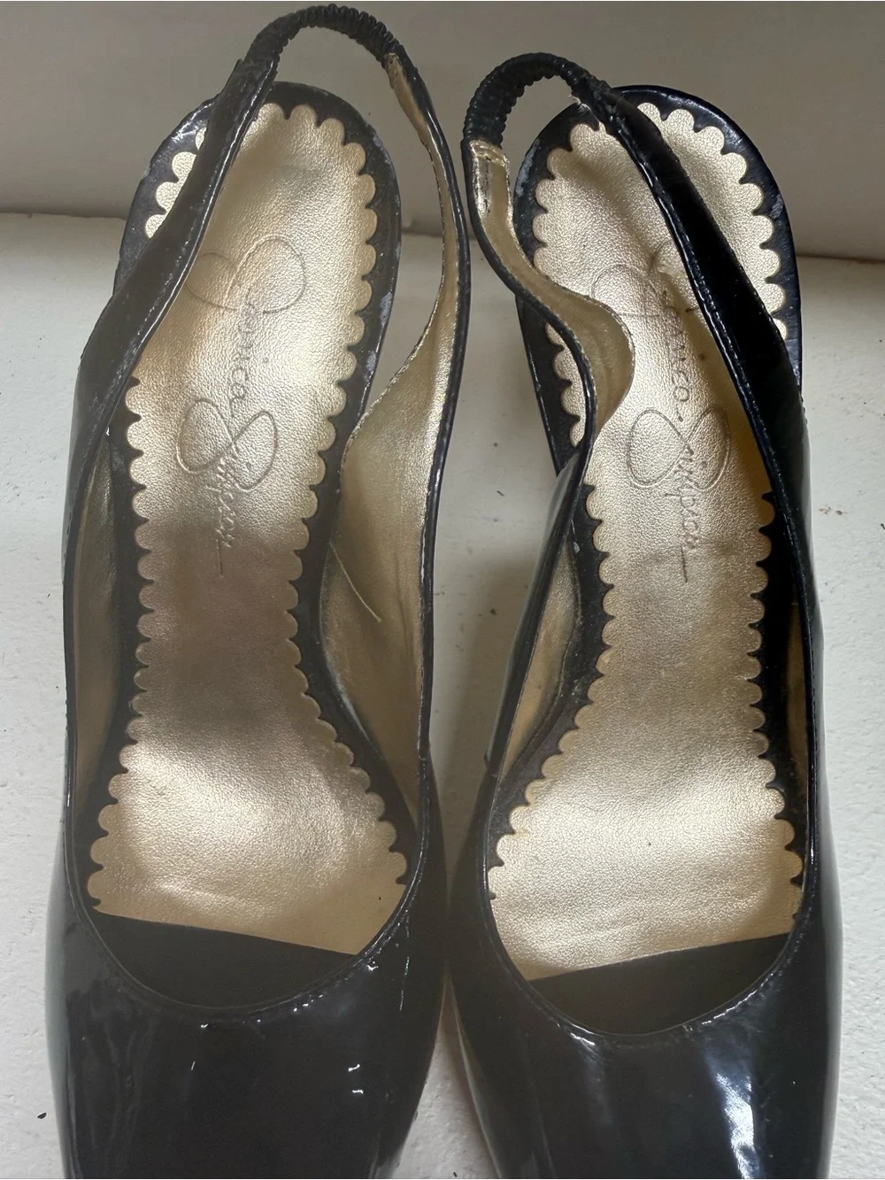 Jessica Simpson Black Patent Peep-Toe Slingback Wedges